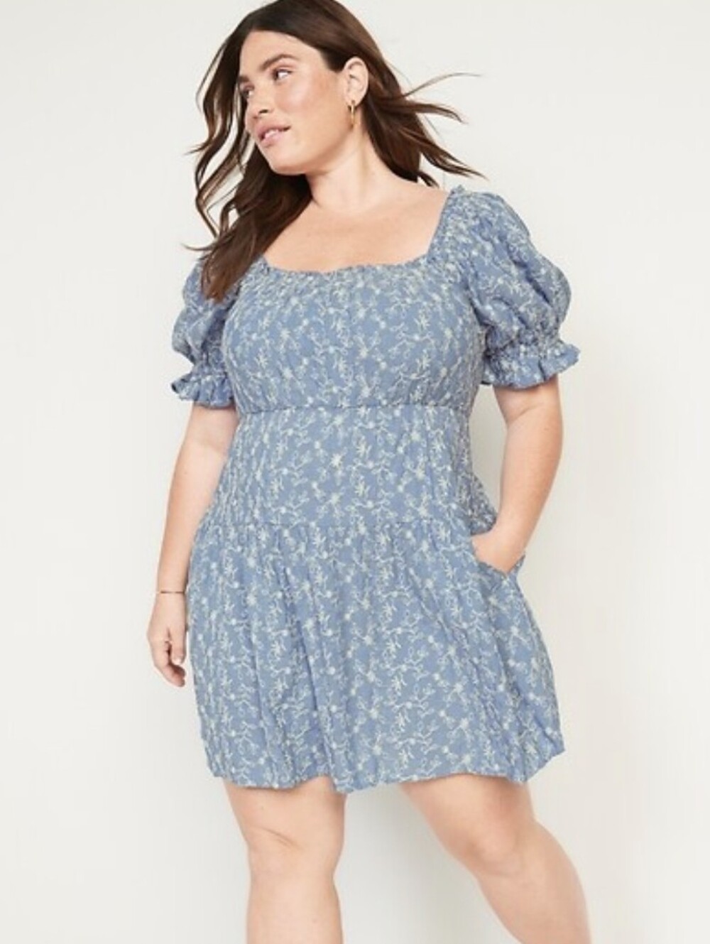 Old Navy Light Blue Floral Puff-Sleeve Tiered Mini Dress